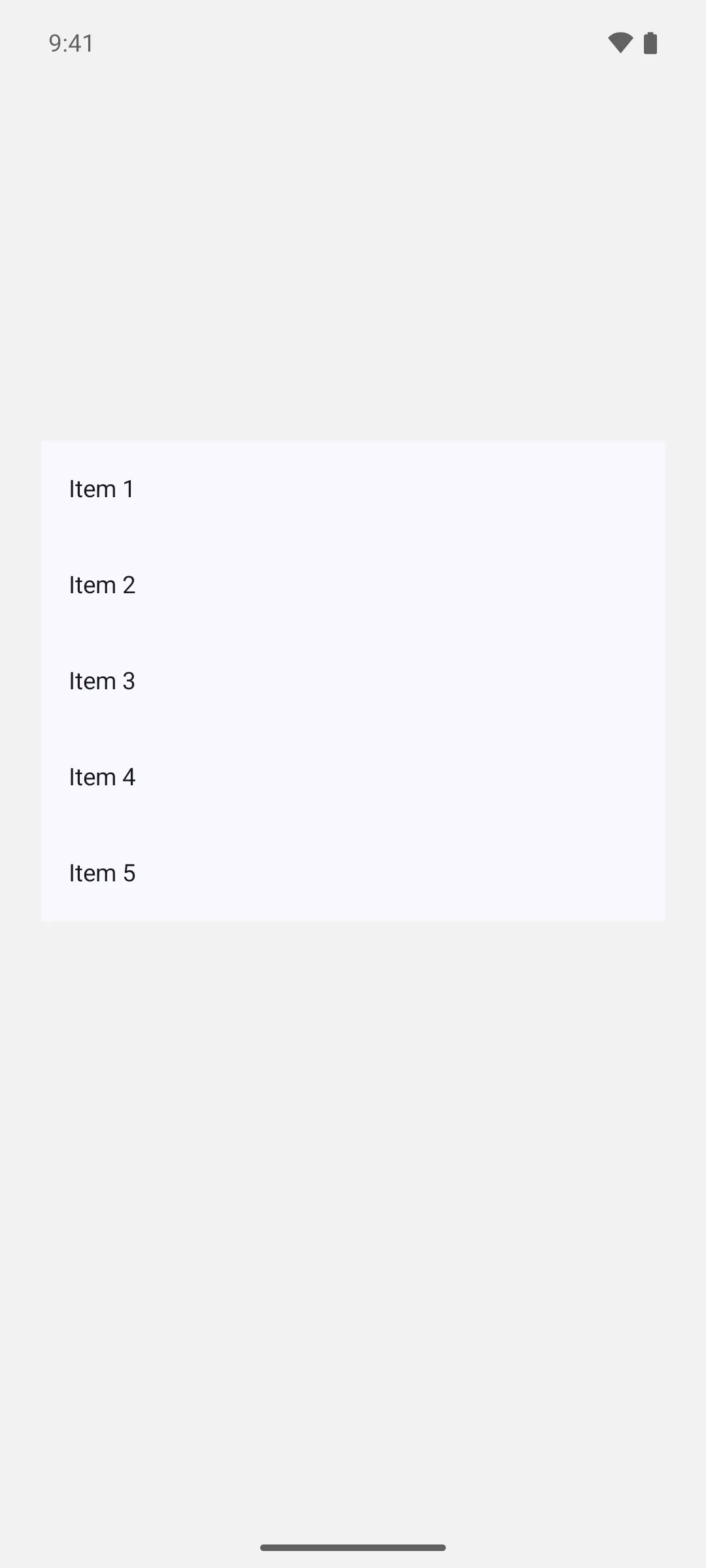 A five item list inside a pull to refresh container, at rest