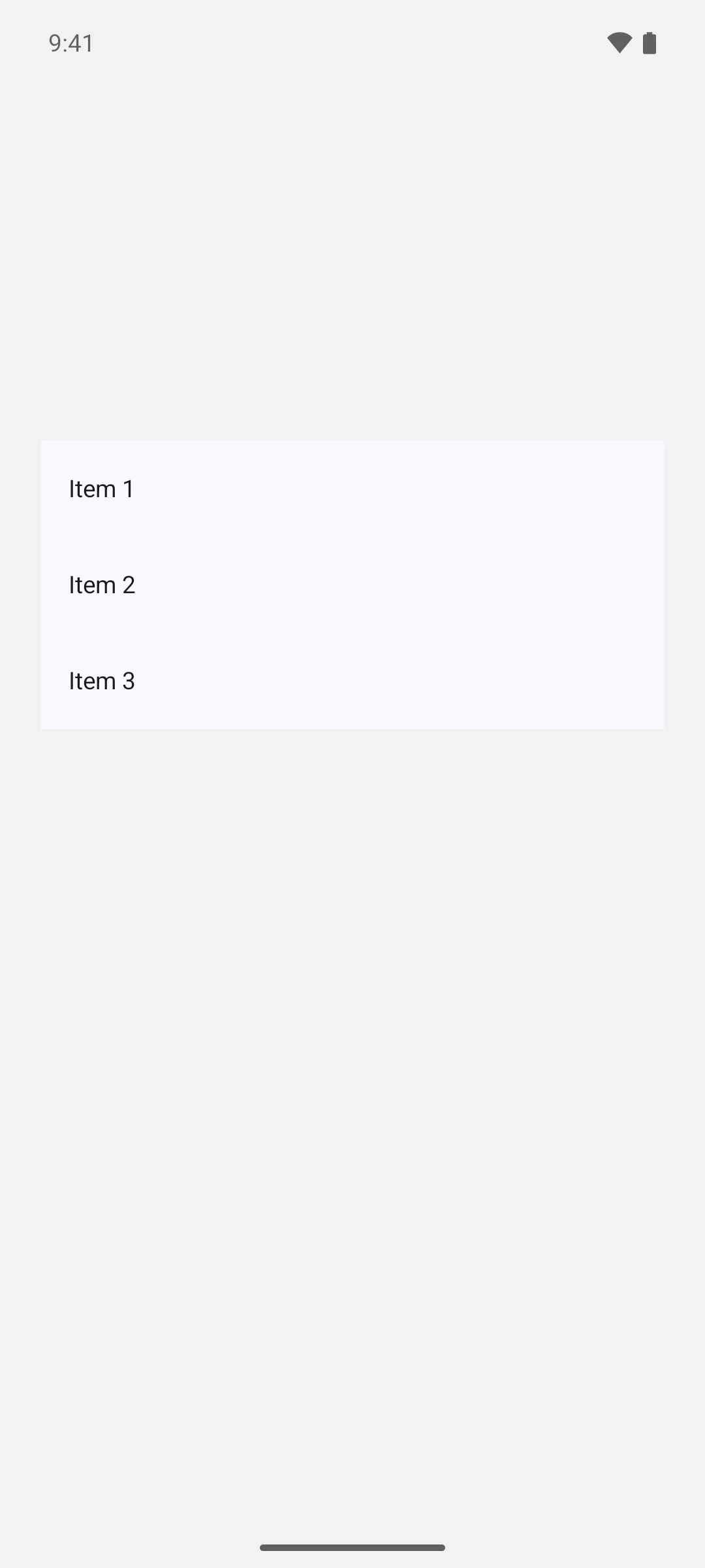 A three item list inside a pull to refresh container with a custom indicator, at rest