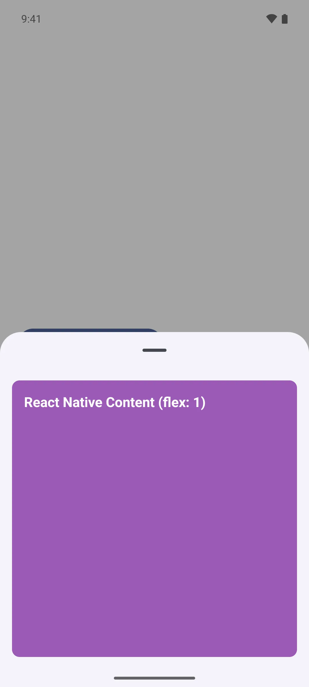 A bottom sheet filled by a purple React Native view labelled React Native Content (flex: 1)