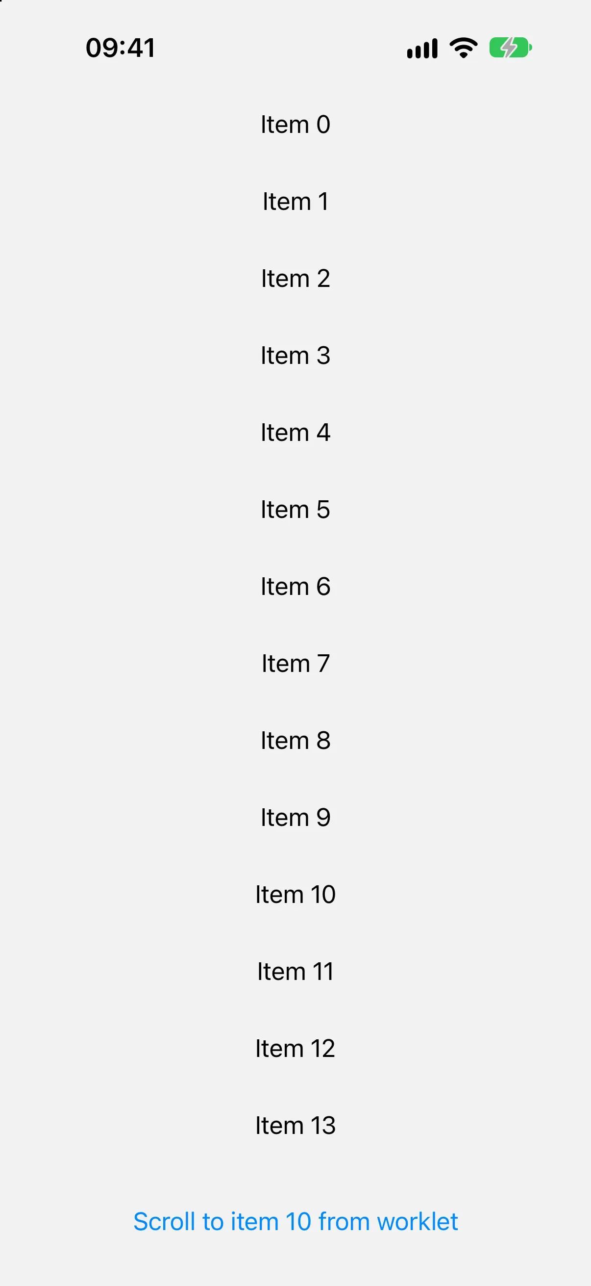 A scrollable list of items above a button labelled Scroll to item 10 from worklet.