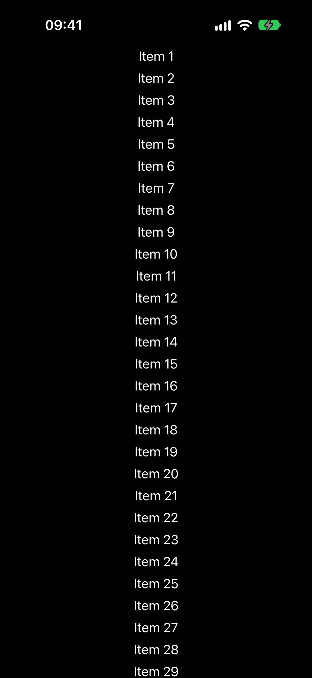 A vertical scroll view listing items one to twenty-nine.