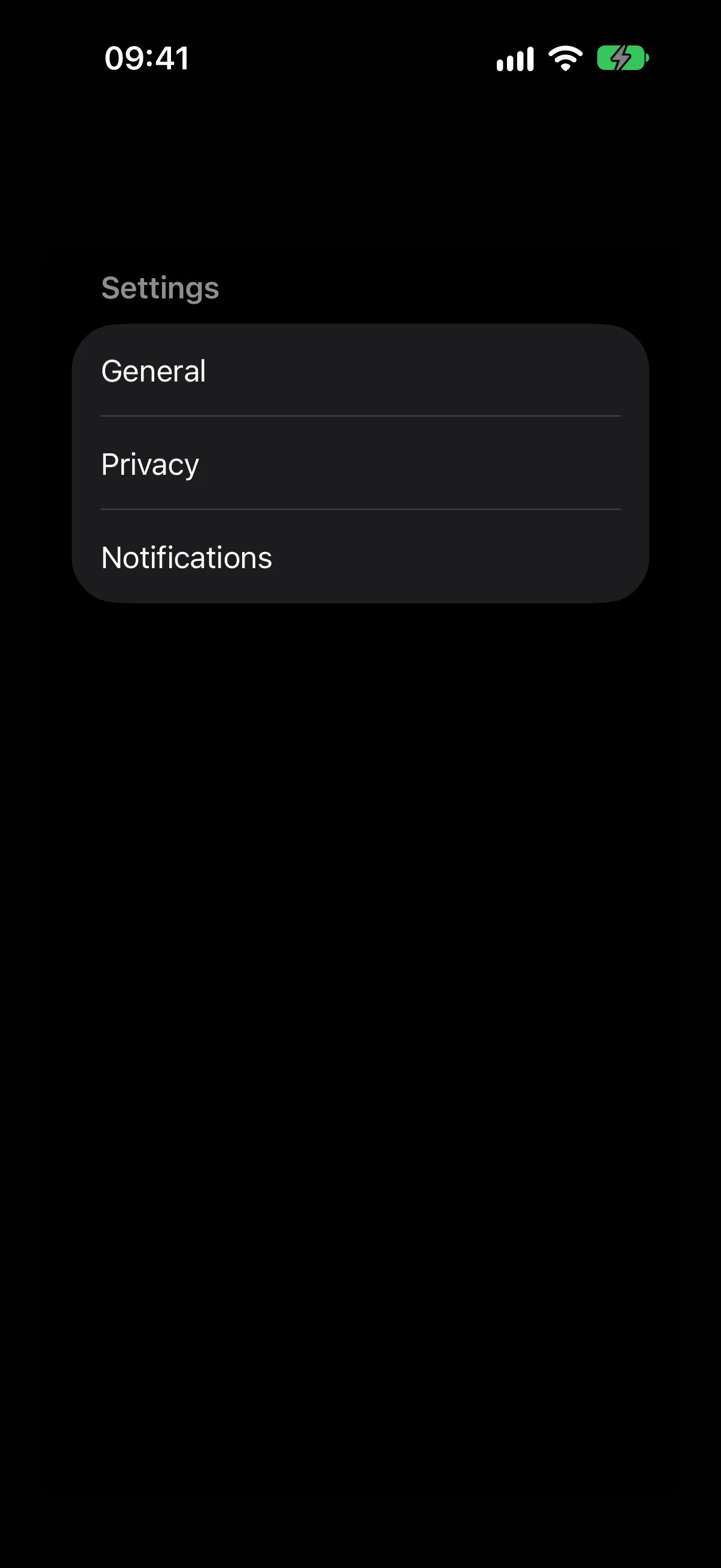 A list with a Settings header above General, Privacy, and Notifications rows
