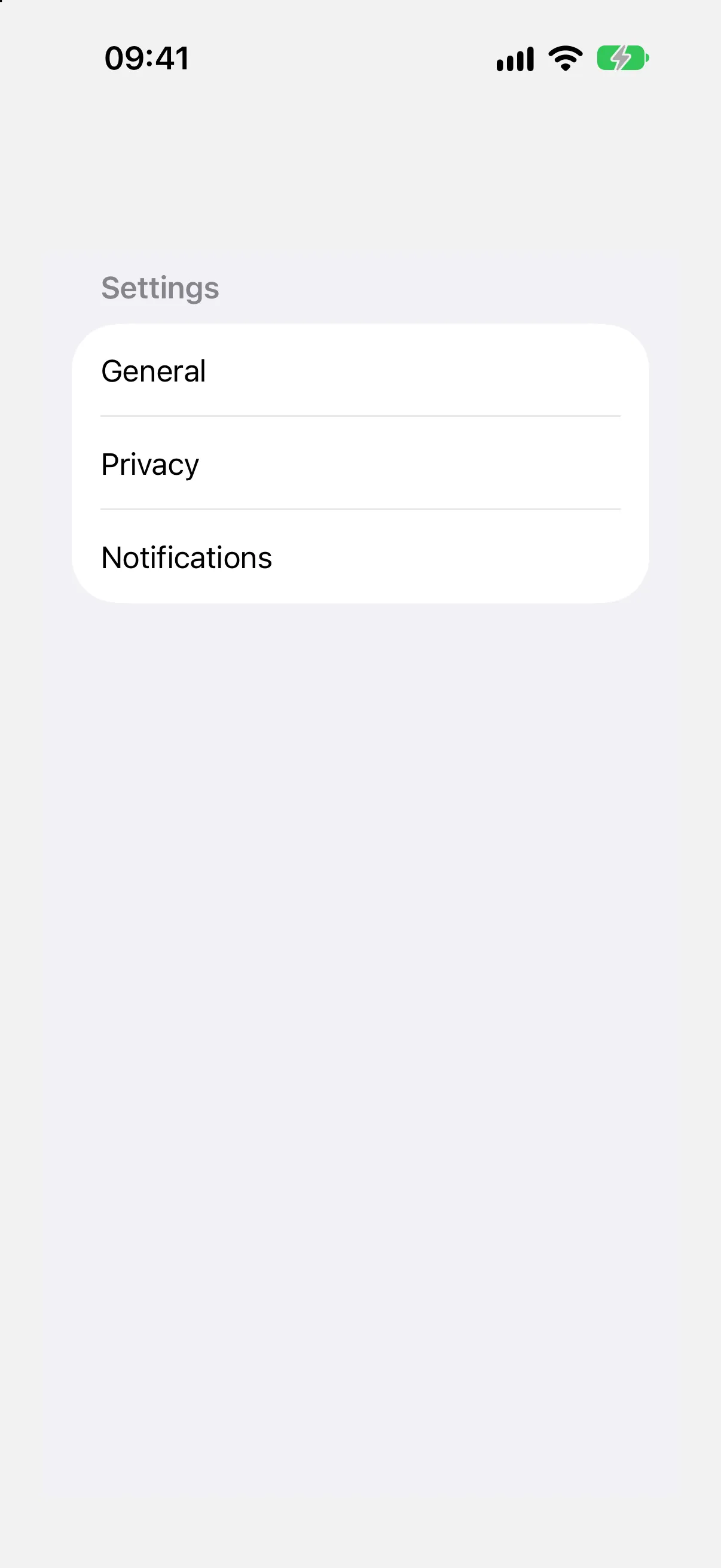 A list with a Settings header above General, Privacy, and Notifications rows