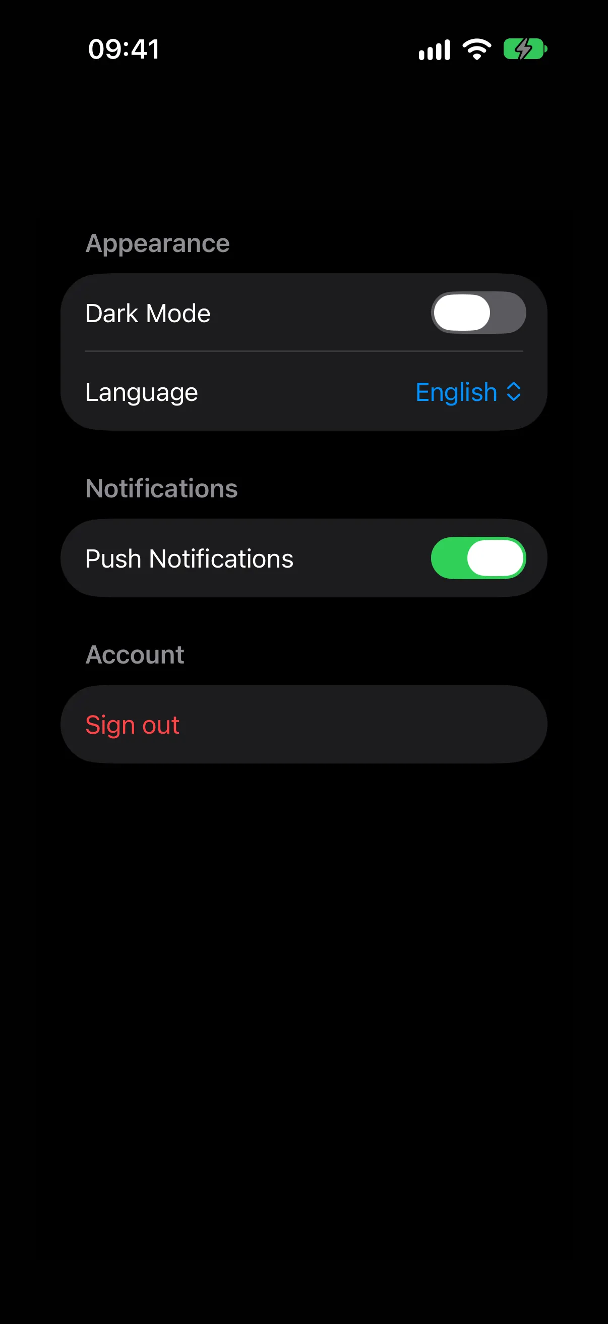 A form with Appearance, Notifications, and Account sections holding toggles, a picker, and a red Sign out button