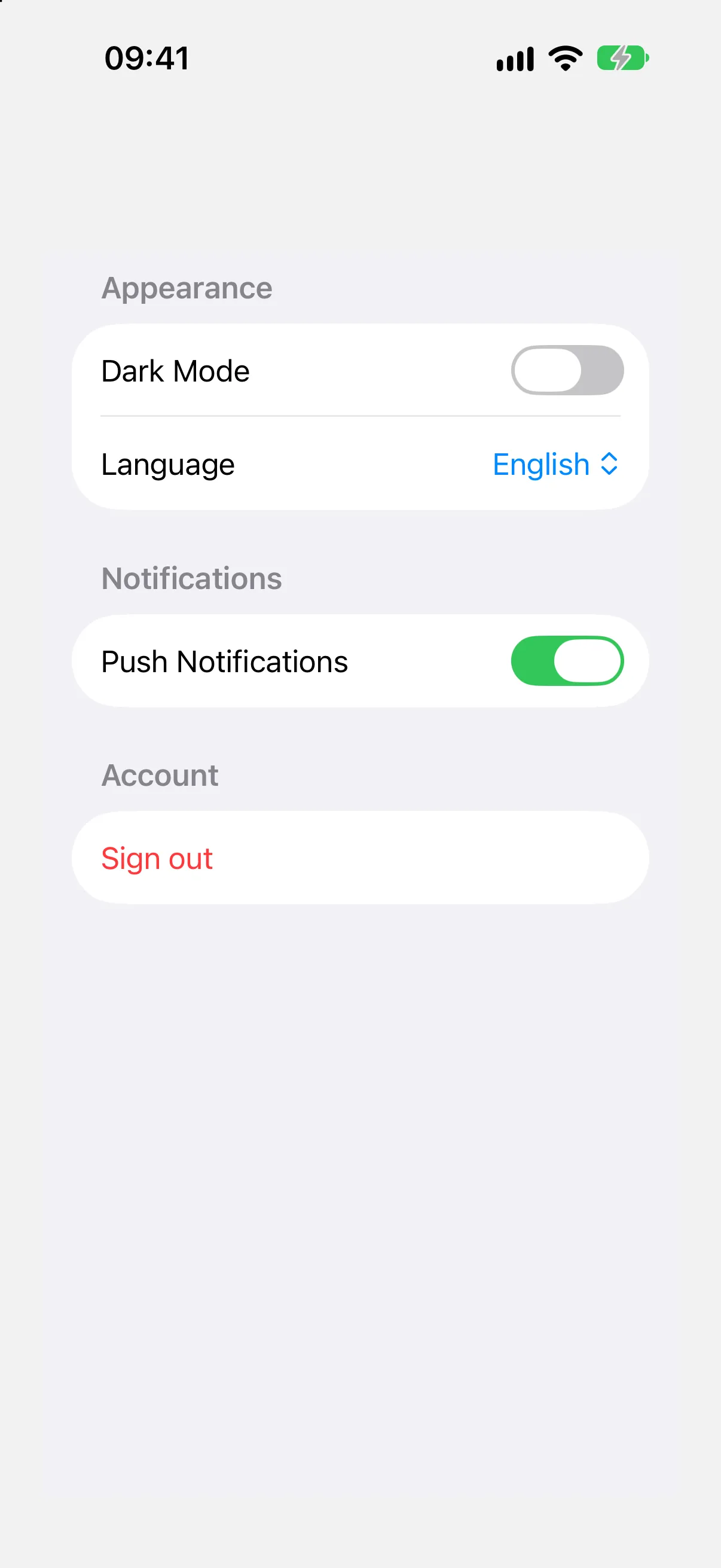 A form with Appearance, Notifications, and Account sections holding toggles, a picker, and a red Sign out button