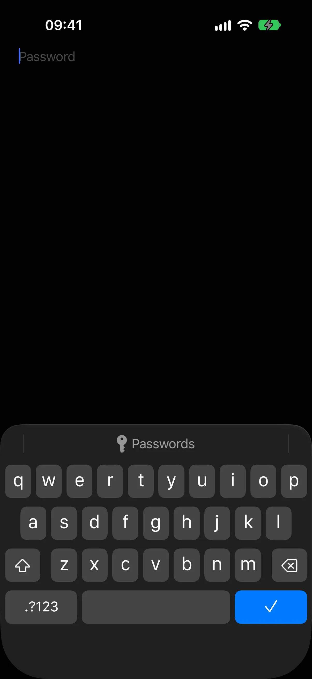 A focused secure field above the keyboard, whose submit key shows the done checkmark