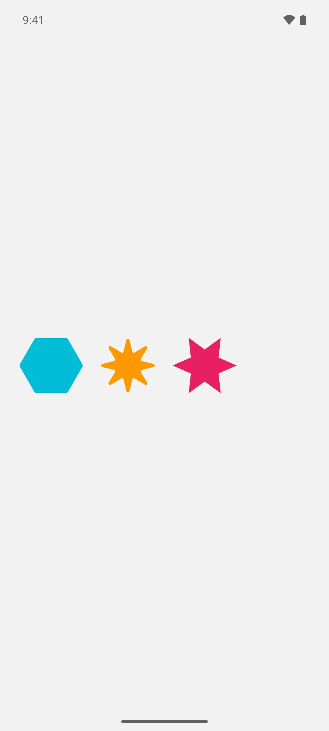 A cyan hexagon, an orange eight-pointed star, and a pink six-pointed pill star