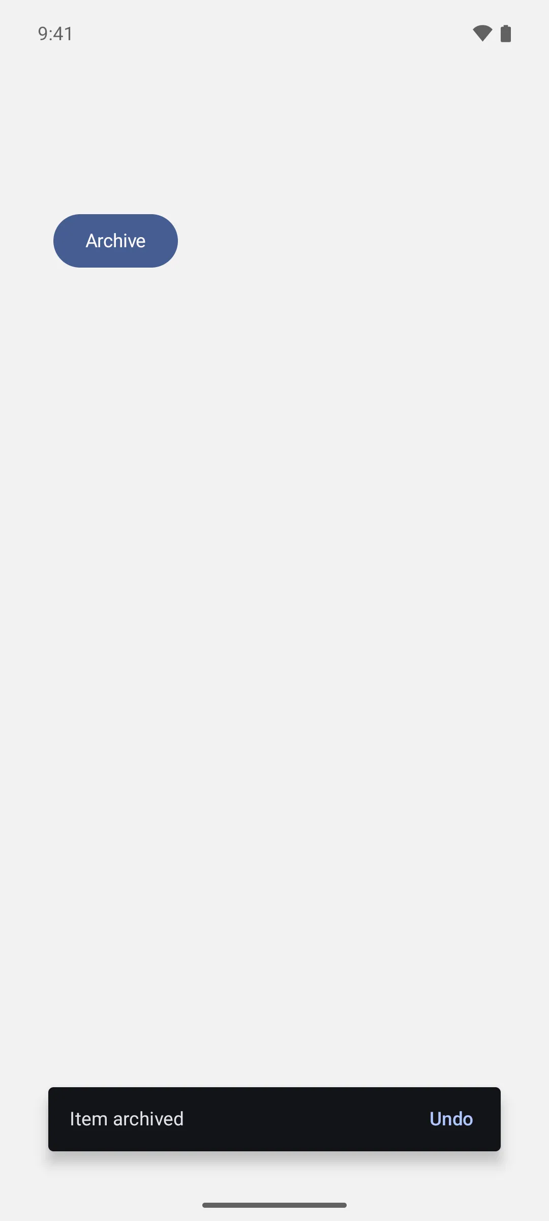 A Material 3 snackbar at the bottom of the screen reading 'Item archived' with an Undo action
