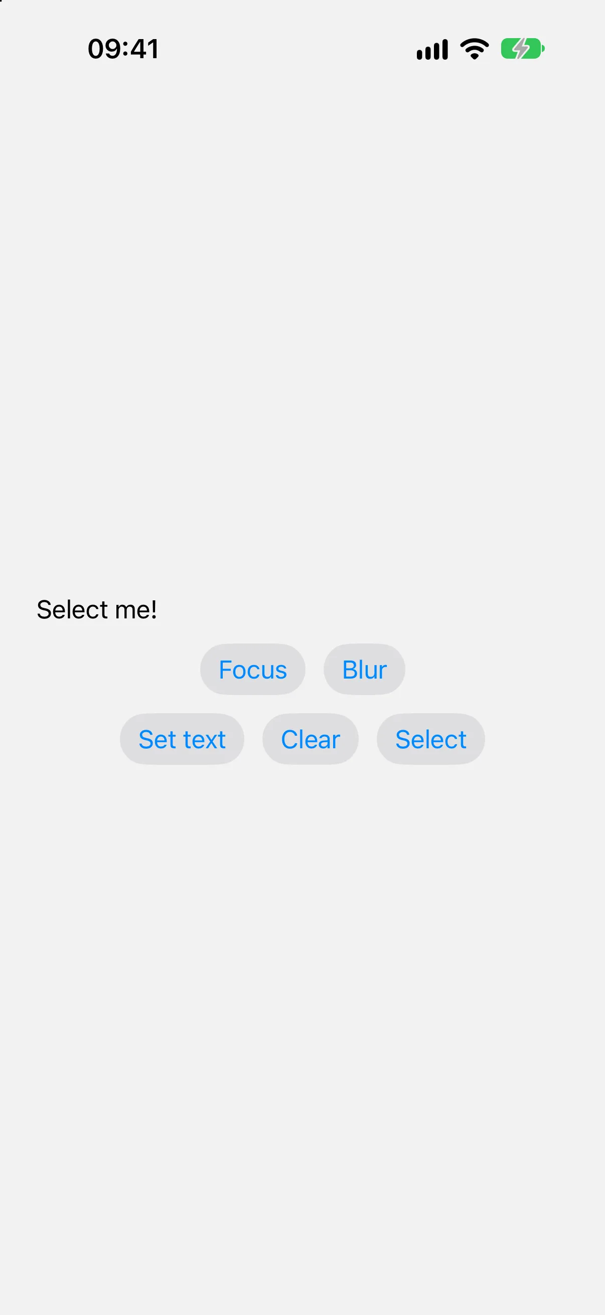 A text field reading Select me! above a row of Focus, Blur, Set text, Clear, and Select buttons