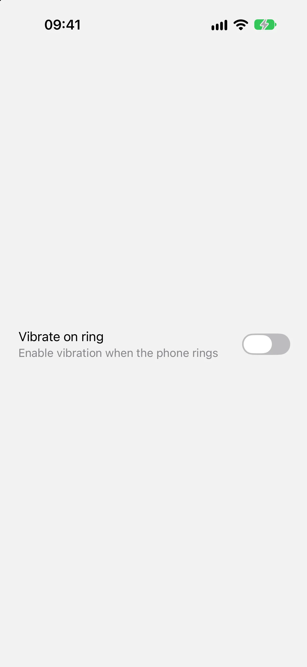 A toggle row with the title Vibrate on ring above a grey subtitle line