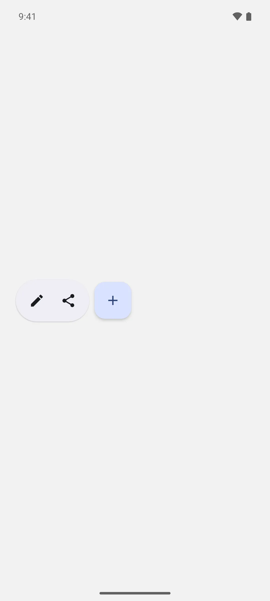 A pill shaped toolbar holding edit and share buttons, beside a separate add button