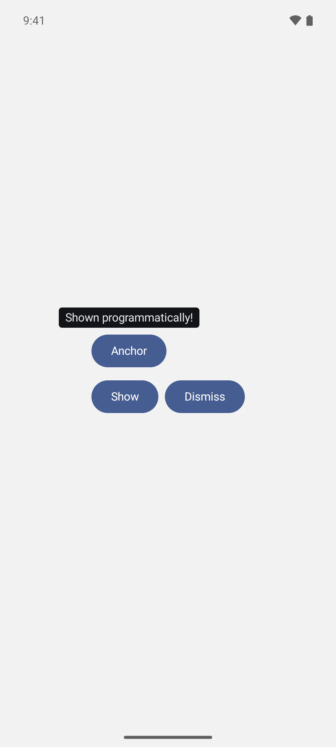 A tooltip reading Shown programmatically above an Anchor button, with Show and Dismiss buttons below