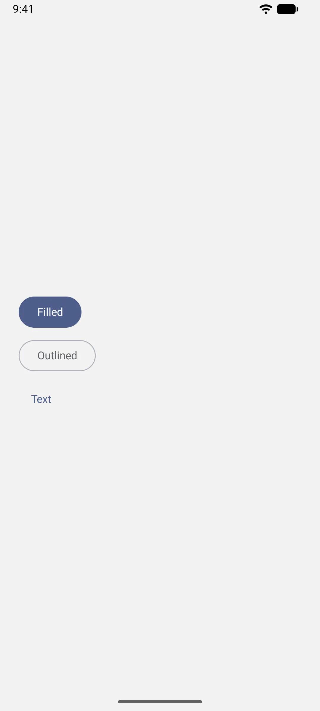 Filled, outlined, and text button variants stacked vertically
