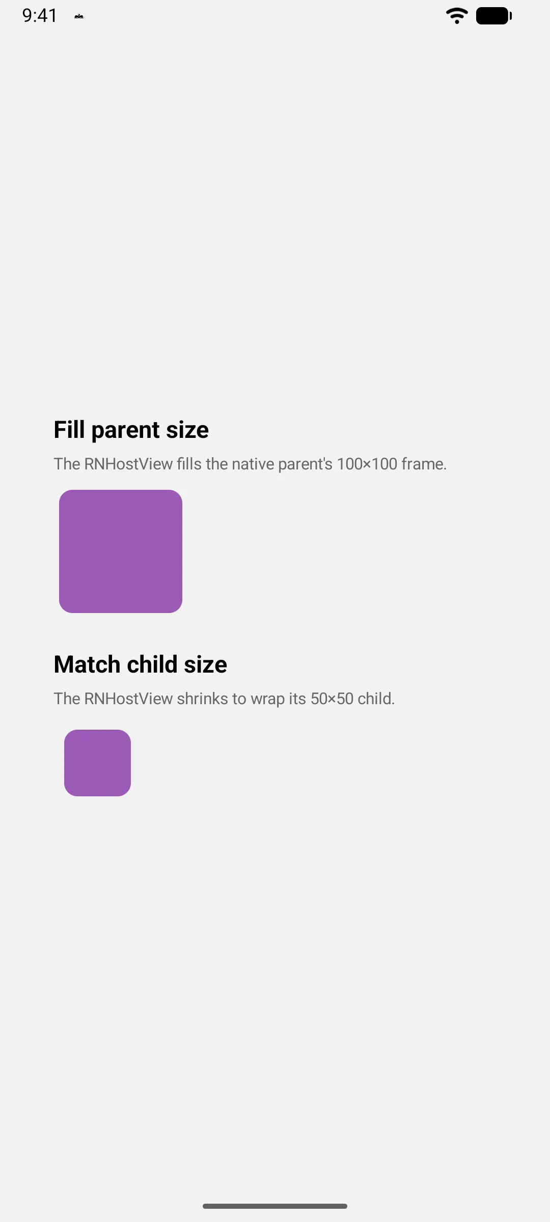 Two sections comparing a purple square that fills a 100 by 100 frame with a smaller 50 by 50 square