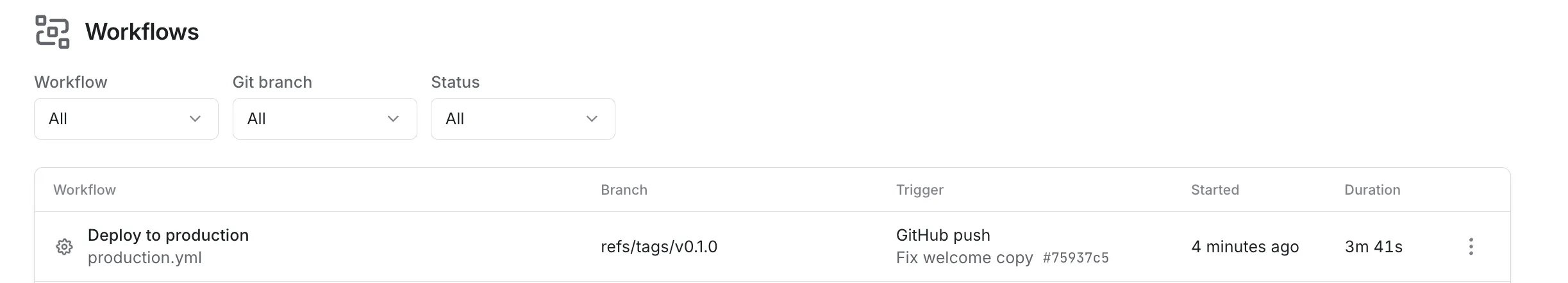 EAS Workflows dashboard showing a tag-triggered production workflow run with fingerprint, get-build, and update jobs for Android and iOS.